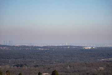 Panoramic view of Madrid (Spain) and pollution cloud from the distance