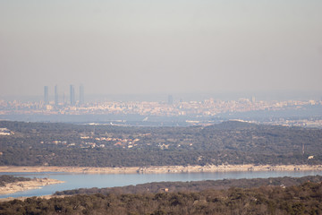 Panoramic view of Madrid (Spain) and pollution cloud from the distance