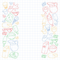 Fototapeta premium Milk, butter, cottage cheese, sour cream, cheese, yogurt, ice cream, cream. Vector pattern. Collection of dairy products.