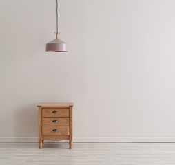 Pink wall background, room, interior concept, red table, cabinet and frame style.