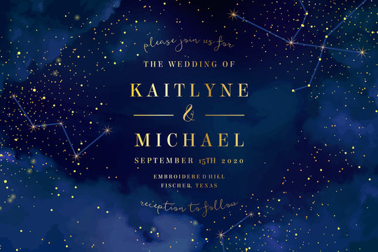 Magic night dark blue sky with sparkling stars vector wedding invitation