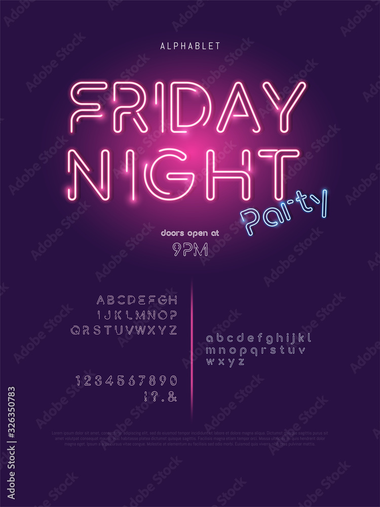 Fototapete Glowing neon light party theme modern  alphabet font set with lowercase uppercase and numbers