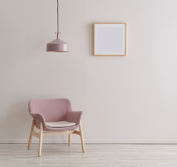 Pink wall, chair and frame decoration with red coffee table style.