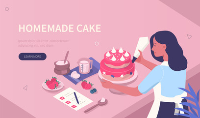 Woman Character Cooking Homemade Cake on Kitchen. Girl Looking at Recipe and  Preparing Sweet Dessert with Cream. Confectioner at Work. Bakery and Pastry Concept. Flat Isometric Vector Illustration.