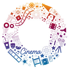 Vector pattern with cinema icons. Movie Theater, TV, popcorn, video clips, musical