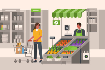 Character Shopping in Vegetable Market. Woman  Holding Shopping Trolley, Choosing and Buying Fresh Food Groceries. Local Market Stalls with Natural Products. Flat Cartoon Vector Illustration.
