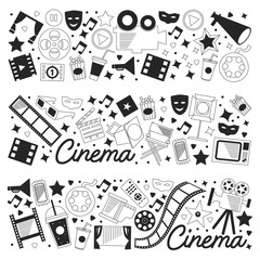 Vector pattern with cinema icons. Movie Theater, TV, popcorn, video clips, musical