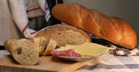 Delicious bread, tomatoes and sausage with cheese