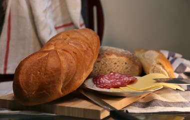 Delicious bread, tomatoes and sausage with cheese