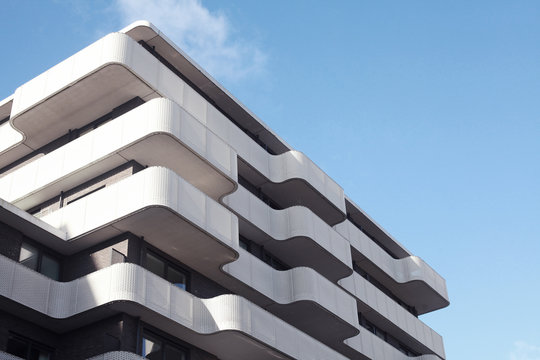 Amsterdam, Zeeburgereiland / Netherlands - February 25 2020: Modern architecture of newly builded areas, way designed balconies