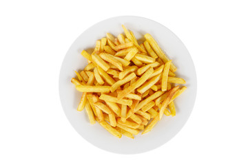 Hot appetizer French fries crispy, golden, deep-fried, fried in oil before alcohol, food on plate, white isolated background view from above. For the menu, restaurant, cafe