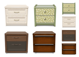 A set of bedside tables and rental tables. Layouts for design from different angles. Isolated on a white background. Vector illustration.