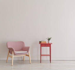 Fototapeta na wymiar Pink wall, chair and frame decoration with red coffee table style.