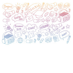 Vector pattern for language class, online courses. English, arabic, italian, japanese, spanish, chinese, german.