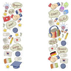 Vector pattern for language class, online courses. English, arabic, italian, japanese, spanish, chinese, german.