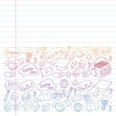 Vector pattern for language class, online courses. English, arabic, italian, japanese, spanish, chinese, german.