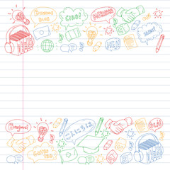 Fototapeta premium Vector pattern for language class, online courses. English, arabic, italian, japanese, spanish, chinese, german.