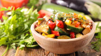 bowl of grilled vegetable and thyme- zucchini, eggplant and bell pepper