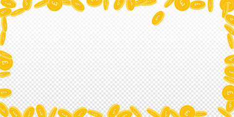 British pound coins falling. Scattered bi GBP coin