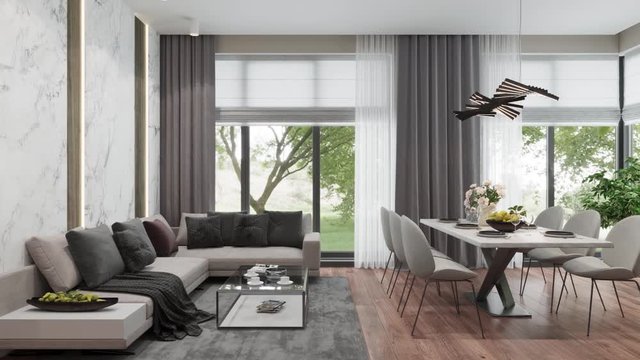 3d render. Slow camera flying on the interior in a modern style
