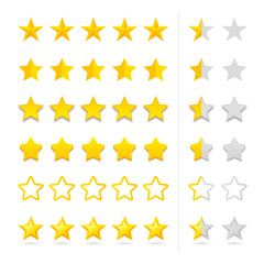 Rating five stars set. Review golden stars in different styles. Vector illustration.