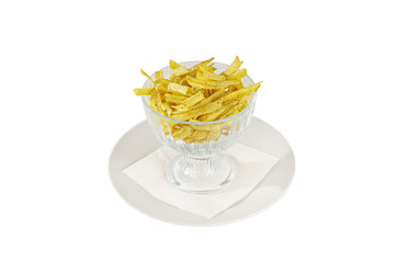 Hot appetizer Chispa Straw, golden, with greens, onion, deep-fried, fried in oil before alcohol, food on plate, white isolated background, Side view. For the menu, restaurant, bar, cafe