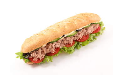 sandwich, babguette with tuna, tomato, lettuce, cucumber and sauce isolated on white background