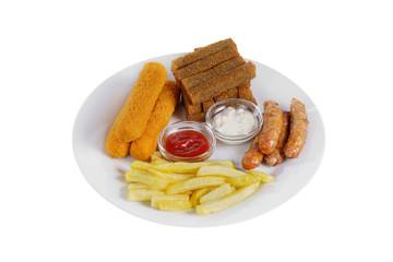 Hot appetizer croutons from rye bread, a set of chicken nuggets, sausages, cheese sticks in breading, French fries, mayonnaise sauce, tar-tar, ketchup on plate, white isolated background Side view