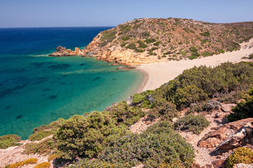 The golden beach of Psili Ammos on the island of Crete in Greece.