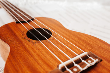 High-quality beautiful photo of a musical wooden instrument Ukulele with nylon strings on a light background. Lifestyle , mood tinting.