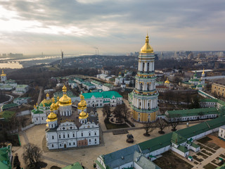 Fototapeta na wymiar Aerial drone view. Kiev-Pechersk Lavra on a cloudy spring day.