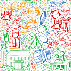 Vector pattern with little children. Back to school. Geography, geometry, mathematics, physics, chemistry, astronomy