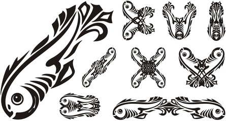 Decorative fish symbols in black and white tones. Fish collection, double fish symbols for emblems, embroidery, restaurant menu, textiles, tattoo etc.
