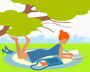 Fototapeta premium Girl reading park lying for concept design. Summer people outdoors. Education concept. Healthy lifestyle. Summer leisure. Summer rest. Relax concept. Flat vector illustration.