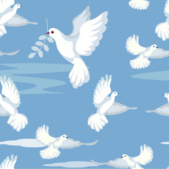 Seamless gentle background. Dove, peace sign, carries a sprig of olive. In minimalist style. Cartoon flat raster
