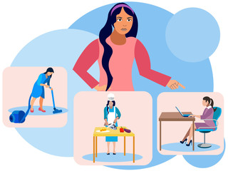 Fighting laziness. The girl points, shouts to herself to work, clean and cook food. In minimalist style. Cartoon flat raster