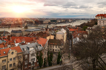 Naklejka premium Hungary, Budapest - 14 february 2020: aerial view of Budapest under dramatic sky