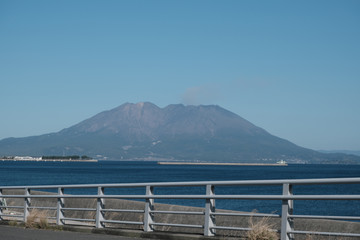 柵の向こうに見える桜島