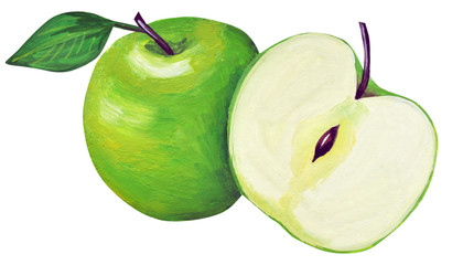 Apples Hand drawing isolated on a white background. Gentle green apples drawn in gouache in the style of realism.