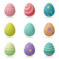 set of realistic Easter eggs with colorful patterns on a white background
