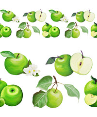  border. Apples Hand drawing isolated on a white background. Gentle green apples drawn in gouache in the style of realism.