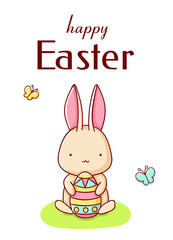 Cute bunny with egg cartoon kawaii happy easter flat hand drawn isolated on white background