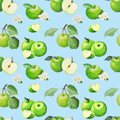  pattern. Apples Hand drawing. Gentle green apples drawn in gouache in the style of realism.