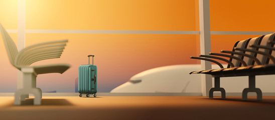 3D rendering traveler suitcases in terminal airport departure lounge and airplane on background.
