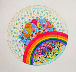 Planet Earth in round, circle geometric shape with plenty of flower and one big rainbow, hand drawn, paper, illustration