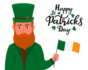 Happy St.Patrick 's Day banner. Irish red-haired bearded man in a green hat with a golden shamrock holds the flag of Ireland in his hand