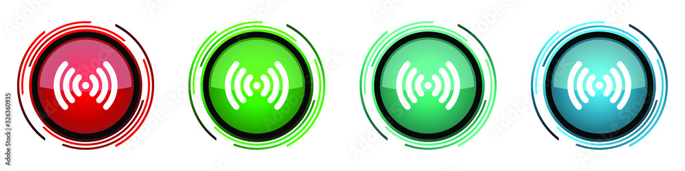 Poster Wifi round glossy vector icons, set of buttons for webdesign, internet and mobile phone applications in four colors options isolated on white background