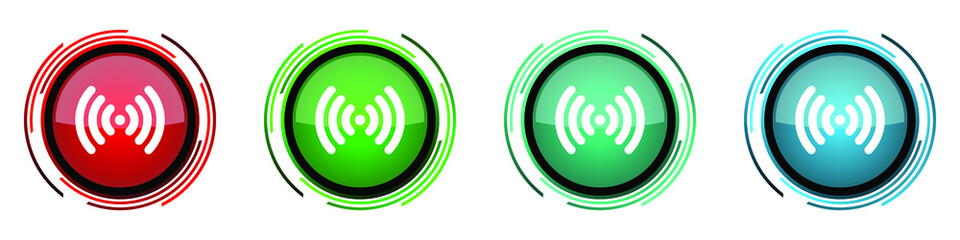 Wifi round glossy vector icons, set of buttons for webdesign, internet and mobile phone applications in four colors options isolated on white background