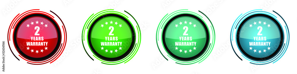 Aufkleber Warranty guarantee 2 year round glossy vector icons, set of buttons for webdesign, internet and mobile phone applications in four colors options isolated on white background