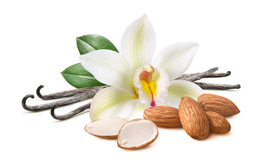 Vanilla pods with flower and almond nuts isolated on white background with clipping path